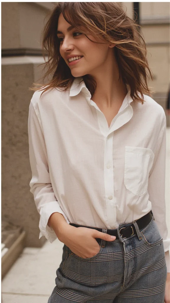 A smiling woman walking outdoors, wearing a crisp, relaxed-fit white button-down shirt tucked into high-waisted plaid jeans with a black leather belt. This classic white top represents an essential versatile foundation piece for a modern women's capsule wardrobe. Designed for chic street style, effortless everyday outfits, and minimalist fashion inspiration, showcasing how timeless basics create endless elevated outfits in a minimalist capsule wardrobe for women. (467 characters)