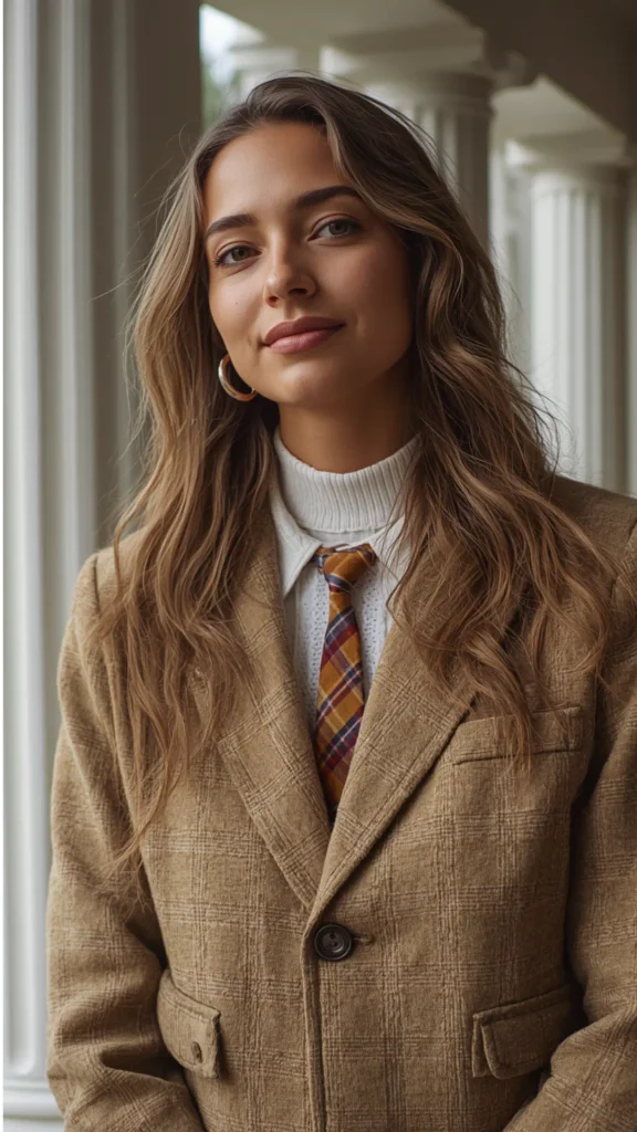 Close-up fashion portrait of a woman demonstrating preppy old money tailoring for a women's fashion Capsule Wardrobe. Standing before white architectural columns, she wears a textured camel plaid wool blazer layered over a white ribbed turtleneck, collared shirt, and a mustard-yellow plaid tie, finished with hoop earrings. An ideal visual reference for dark academia style, quiet luxury layering, collegiate tailoring, and timeless winter wardrobe staples.