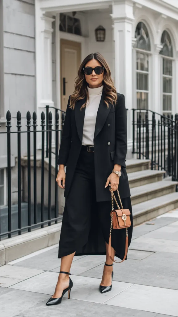 Full-body street style portrait of an elegant woman modeling sophisticated black-and-white tailoring for a women's fashion Capsule Wardrobe. Standing in front of a white townhouse, she wears a long black double-breasted blazer over a white turtleneck, high-waisted black wide-leg trousers, and black ankle-strap pumps. She holds a small tan leather chain-strap handbag and wears dark sunglasses. Ideal visual reference for elegant workwear, quiet luxury outfit formulas, and timeless staples.