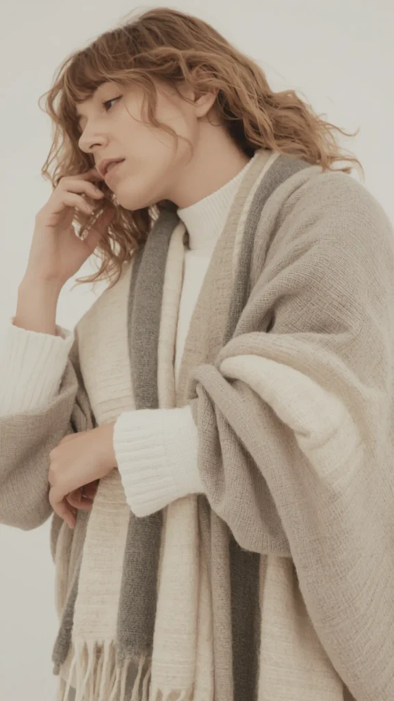 Studio portrait of a woman with wavy hair modeling cozy, neutral knitwear layering for a women's fashion Capsule Wardrobe. She wears a white ribbed turtleneck sweater layered with an oversized beige and light-grey woven shawl featuring subtle grey stripes and fringe trim. Ideal visual reference for Japandi style inspiration, quiet luxury winter outfits, organic neutral color palettes, and soft, cozy cold-weather layering formulas.   