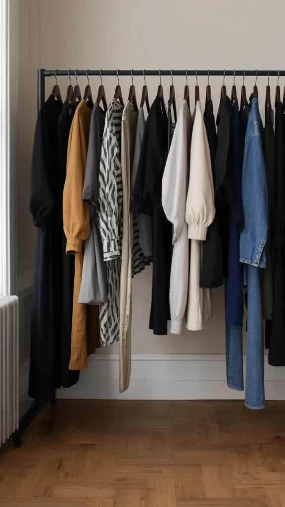 A freestanding black clothing rack neatly arranged with versatile clothing staples for a women's fashion Capsule Wardrobe. Set in a minimalist room with hardwood floors, the rack displays dark dresses, a mustard yellow blouse, a black-and-white patterned shirt, cream knit sweaters, and classic blue denim jeans on matching wooden hangers. Ideal visual reference for quiet luxury closet organization, minimalist wardrobe planning, neutral color palettes, and timeless clothing staples.