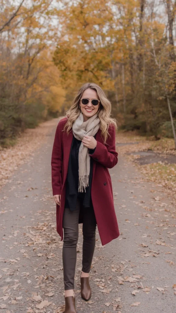 Full-length portrait of a smiling woman walking on an autumn path with foliage, wearing a deep burgundy wool coat, dark trousers, and brown leather ankle boots for a women's fashion Capsule Wardrobe. Styled with a light beige fringed scarf and round sunglasses. Ideal visual reference for quiet luxury fall outerwear layering, Scandinavian seasonal outfit formulas, Old Money autumn style, and building a timeless cold-weather closet.