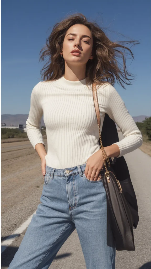 Outdoor street style portrait of a brunette model with windblown hair modeling a cream ribbed mock-neck fitted knit top tucked into high-waisted light wash jeans for a women's fashion Capsule Wardrobe. Styled with a black chain-strap shoulder bag and a jacket slung over her shoulder along an open highway. Ideal visual reference for casual quiet luxury, minimalist fall outfit formulas, classic denim knit combinations, and building a versatile, timeless wardrobe.