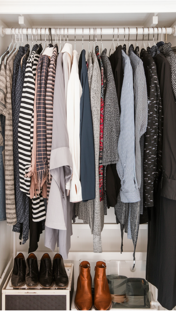 Clean, organized closet rail filled with hanging women's office apparel for a Capsule Wardrobe. Showcases striped knits, soft grey jackets, crisp white blouses, and pinstriped button-downs on matching white hangers above black leather oxfords and cognac ankle boots. Ideal visual reference for professional closet organization, minimalist workwear formulas, quiet luxury tailoring, and building an efficient office collection.   