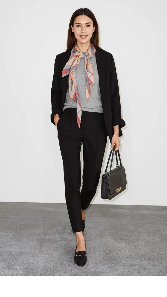 Full-length street style pin from lessloom.com featuring the title "5 Tricks to Keep Your Work Looks Feeling Fresh" for a women's fashion Capsule Wardrobe. Shows a woman in a black tailored blazer, grey top, slim black slacks, and loafers, elevated with a colorful plaid scarf and black handbag. Ideal visual guide for quiet luxury office outfit styling, Scandinavian minimal workwear, and refreshing daily professional closet rotations.   