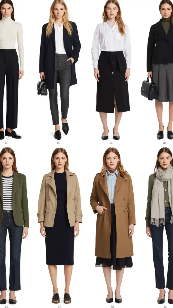 Eight-panel grid infographic pin featuring lessloom.com branding, showcasing 8 extra seasonal outfit formulas for a women's fashion Capsule Wardrobe. Features tailored blazers, belted trench coats, midi skirts, turtleneck knits, and denim paired with classic footwear. Ideal visual reference for quiet luxury autumn layering, Scandinavian minimalist workwear, and versatile closet planning.   