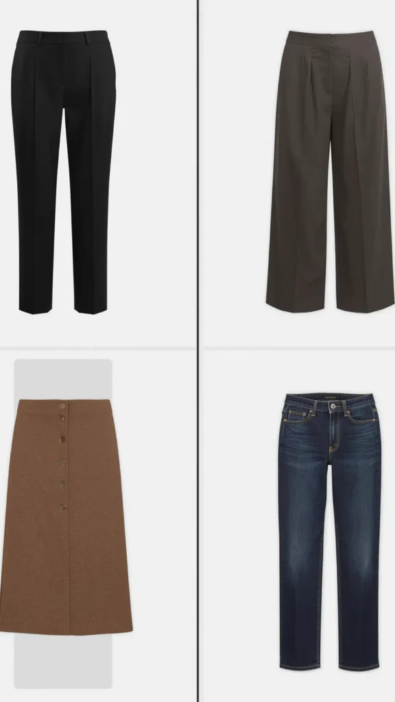 Four-grid layout displaying essential bottom pieces for a women's fashion Capsule Wardrobe. Features black tailored cigarette trousers, charcoal grey pleated wide-leg pants, a brown button-front midi skirt, and dark indigo straight-leg jeans. Ideal visual guide for quiet luxury workwear, Scandinavian minimalist outfit mixing, Old Money corporate style, and building a versatile bottom wear collection.