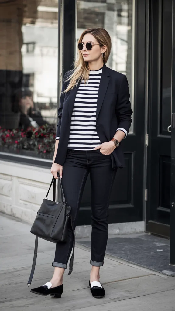 Full-length street style portrait of a blonde woman in a smart-casual Friday outfit: a dark navy blazer over a black-and-white striped top with cuffed slim jeans for a women's fashion Capsule Wardrobe. Accessorized with black two-tone loafers, round sunglasses, and a black leather handbag. Ideal visual reference for casual Friday office outfits, quiet luxury denim formulas, Scandinavian minimalist style, and weekly workwear planning.