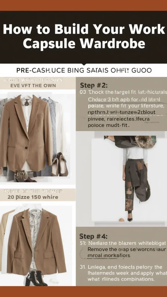 Step-by-step infographic pin from lessloom.com titled "How to Build Your Work Capsule Wardrobe" showcasing professional styling steps for a women's fashion Capsule Wardrobe. Features tailored neutral blazers, layering essentials, and office outfit formulas. Ideal visual guide for quiet luxury corporate style, Scandinavian minimalist workwear, and step-by-step closet planning.   