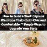 Multi-panel mirror selfie pin overlayed with the title "How to Build a Work Capsule Wardrobe That's Both Chic and Comfortable: 7 Simple Ways to Upgrade Your Style" via lessloom.com for a women's fashion Capsule Wardrobe. Shows versatile outfits including light blue button-ups, blazers, draped sweaters, and neutral slacks above a cozy bed tray setup. Ideal visual guide for quiet luxury workwear, Scandinavian minimal office attire, and comfy corporate closet styling.