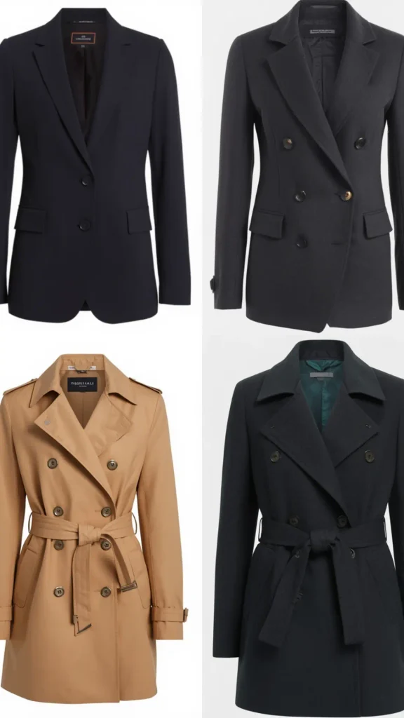 Four-grid layout displaying essential outerwear jackets and coats for a women's fashion Capsule Wardrobe. Features classic workplace layers: a single-breasted black blazer, a double-breasted dark blazer, a double-breasted camel belted trench coat, and a dark navy belted trench coat. Ideal visual guide for quiet luxury coat formulas, Scandinavian minimalist office outfits, Old Money corporate style, and building a versatile seasonal wardrobe.
