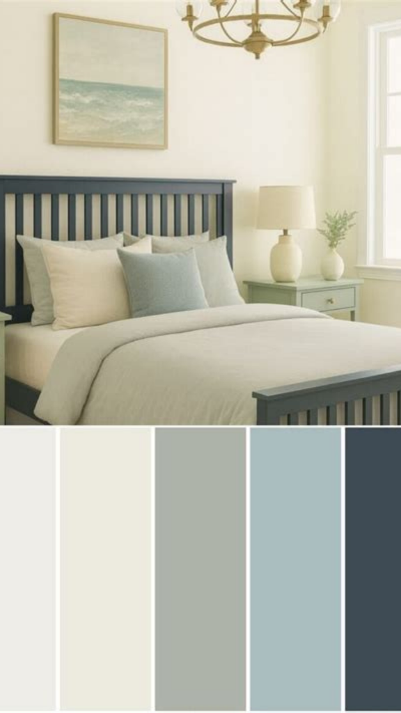 Color palette swatch pin via lessloom.com featuring serene coastal bedroom tones for planning a women's fashion Capsule Wardrobe. Displays a five-color swatch palette—off-white, cream, soft sage grey, dusty sky blue, and deep dark navy—inspired by a calm bedroom setup. Ideal visual reference for quiet luxury color palettes, Scandinavian minimalist wardrobe inspiration, Old Money aesthetic styling, and cohesive neutral capsule color coordination.   