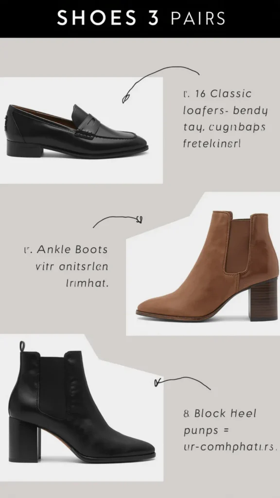 Product guide pin titled "SHOES 3 PAIRS" showcasing essential footwear for a women's fashion Capsule Wardrobe. Highlights three core footwear staples: classic black leather penny loafers, cognac brown block-heel Chelsea ankle boots, and sleek black leather block-heel boots. Ideal visual guide for quiet luxury footwear rotation, Old Money workwear essentials, Scandinavian minimalist style, and building a versatile seasonal shoe collection.