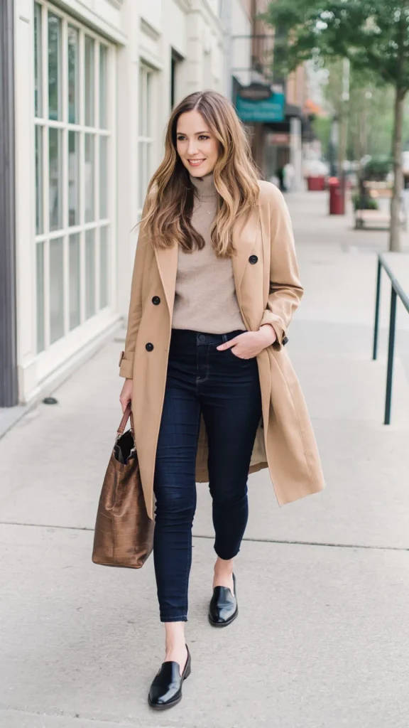 Full-length street style pin from lessloom.com titled "The Transition Trick Weekend to Work" showcasing a seamless day-to-night outfit formula for a women's fashion Capsule Wardrobe. Features a classic camel trench coat layered over a beige turtleneck, dark blue denim, black loafers, and a structured brown leather tote bag. Ideal visual reference for quiet luxury transitional styling, Scandinavian minimalist workwear, and effortless daily closet planning.