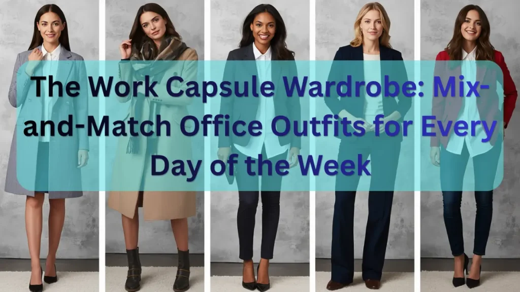 Five-panel collage pin titled "The Work Capsule Wardrobe: Mix-and-Match Office Outfits for Every Day of the Week" showcasing Monday-to-Friday corporate looks for a women's fashion Capsule Wardrobe. Features tailored blazers, structured wool coats, classic white button-down shirts, slacks, and pointed pumps. Ideal visual reference for quiet luxury office outfit formulas, Scandinavian minimal workwear, Old Money corporate style, and versatile workplace closet setup.