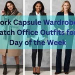 Five-panel collage pin titled "The Work Capsule Wardrobe: Mix-and-Match Office Outfits for Every Day of the Week" showcasing Monday-to-Friday corporate looks for a women's fashion Capsule Wardrobe. Features tailored blazers, structured wool coats, classic white button-down shirts, slacks, and pointed pumps. Ideal visual reference for quiet luxury office outfit formulas, Scandinavian minimal workwear, Old Money corporate style, and versatile workplace closet setup.
