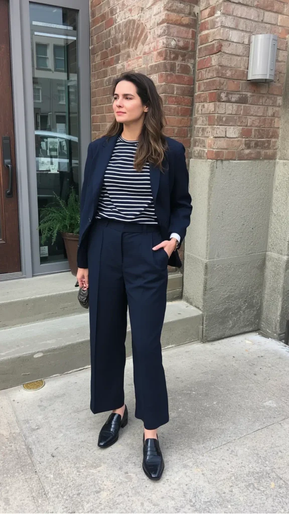 Full-length street style portrait of a woman wearing a dark navy blazer, matching navy tailored wide-leg trousers, and a navy-and-white striped tee for a women's fashion Capsule Wardrobe. Styled with black leather loafers. Ideal visual guide for Thursday office outfit ideas, quiet luxury workwear, Scandinavian minimalist tailoring, and casual smart corporate styling.