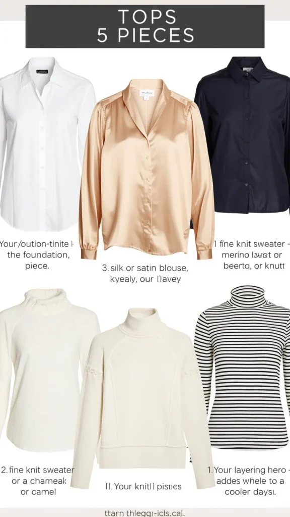 Grid layout infographic pin titled "TOPS 5 PIECES" displaying essential neutral shirts and knits for a women's fashion Capsule Wardrobe. Features classic upper-body staples including a white button-down shirt, champagne silk satin blouse, navy dress shirt, cream fine-knit turtleneck sweater, and black-and-white striped turtleneck. Ideal visual guide for quiet luxury workwear, Scandinavian minimalist layering, and building a versatile office closet collection.   