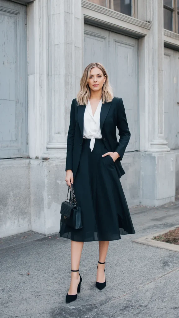Full-length street style pin from lessloom.com featuring a chic Tuesday office outfit for a women's fashion Capsule Wardrobe. Shows a woman in a dark tailored blazer, white tie-neck blouse, black midi skirt, ankle-strap heels, and a chain-strap handbag. Ideal visual reference for quiet luxury mid-week workwear, Scandinavian minimalist office style, and versatile corporate closet formulas.   
