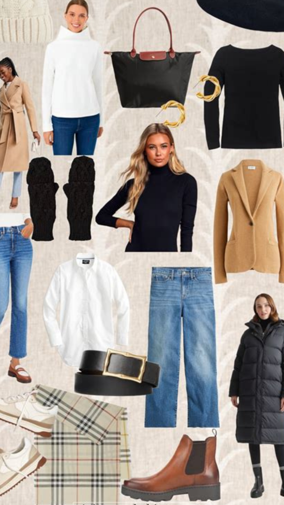 Flat-lay collage pin via lessloom.com titled "Use Accessories to Give Simple Outfits Character" for a women's fashion Capsule Wardrobe. Features classic winter staples: camel wool coat, black puffer jacket, gold twisted hoop earrings, black tote bag, leather belt, chelsea boots, and a plaid scarf. Ideal visual reference for quiet luxury accessory styling, Scandinavian minimalist fall layering, Old Money wardrobe details, and elevating simple neutral outfit bases.