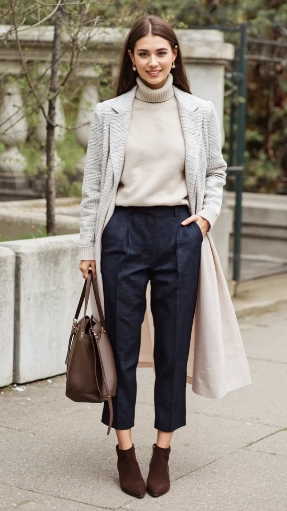 Full-length street style portrait of a smiling woman in a long light grey subtle plaid coat layered over a beige turtleneck sweater and dark navy pleated trousers for a women's fashion Capsule Wardrobe. Accessorized with dark brown suede ankle booties and a matching brown leather tote bag. Ideal visual reference for Wednesday mid-week office outfits, quiet luxury knitwear formulas, Scandinavian minimalist layering, and timeless corporate closet planning.