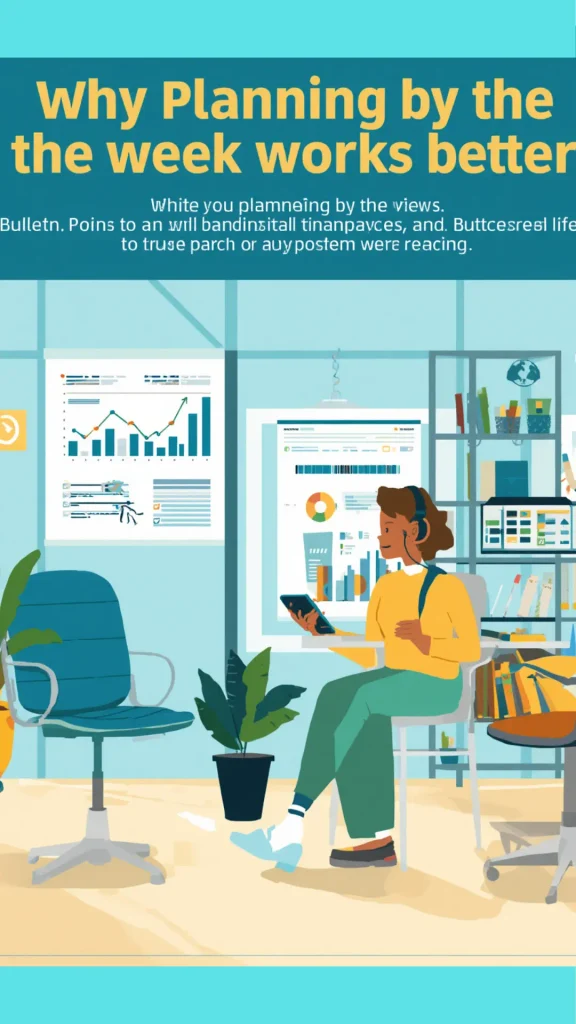 Graphic infographic pin titled "Why Planning by the Week Works Better" illustrating weekly outfit rotation strategies for a women's fashion Capsule Wardrobe. Features a vector illustration of a professional woman planning schedules at her desk. Ideal visual guide for organizing weekly workwear formulas, quiet luxury workplace planning, Scandinavian minimal closet rotation, and stress-free corporate outfit coordination.   